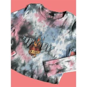 ASOS DESIGN Curve cropped long sleeve t-shirt in tie-dye with tattoo front print